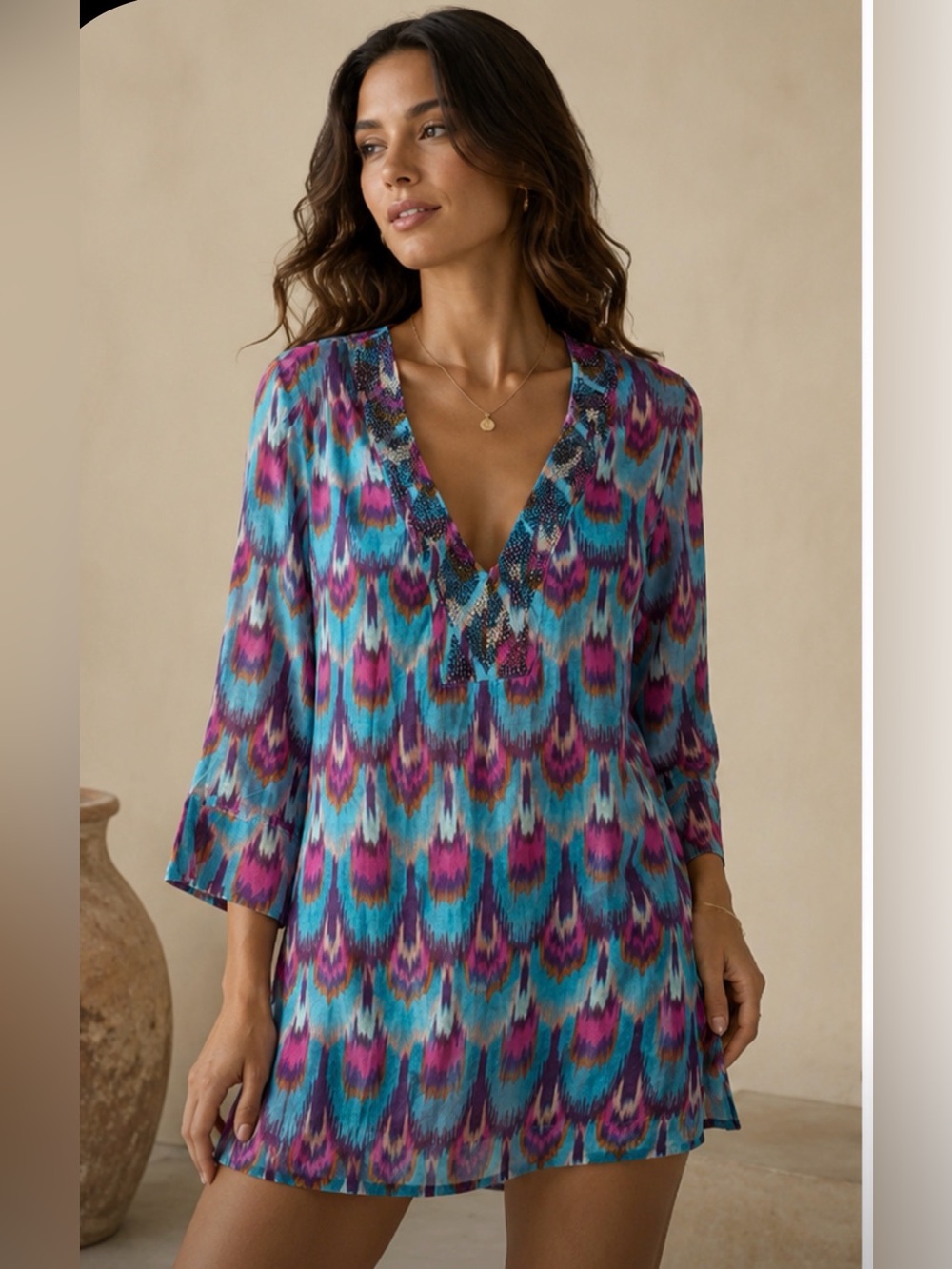 vix paula hermanny Blue Pink Abstract Beaded Cotton Caftan Swim Cover Up Tunic S